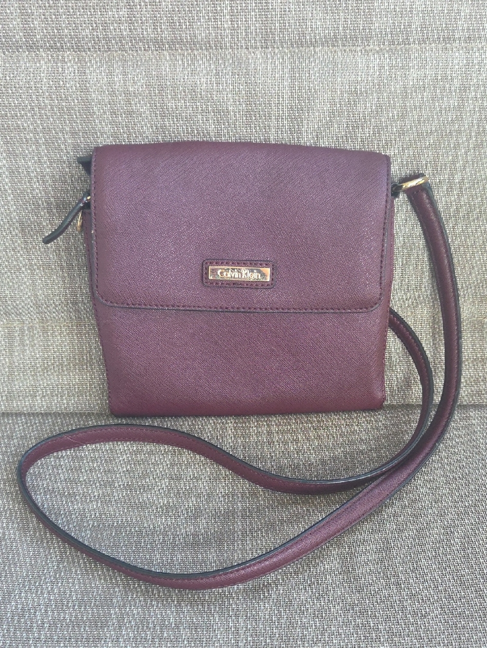 Calvin Klein Plum Flap Crossbody with Gold Plaque